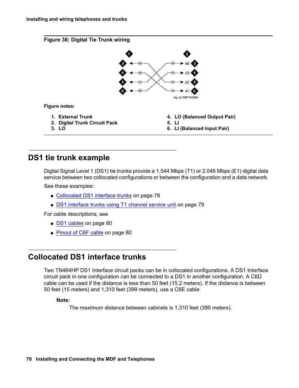 Ds1 tie trunk example, Collocated ds1 interface trunks, Figure 38: digital tie trunk wiring | Avaya 03-300686 User Manual | Page 78 / 156
