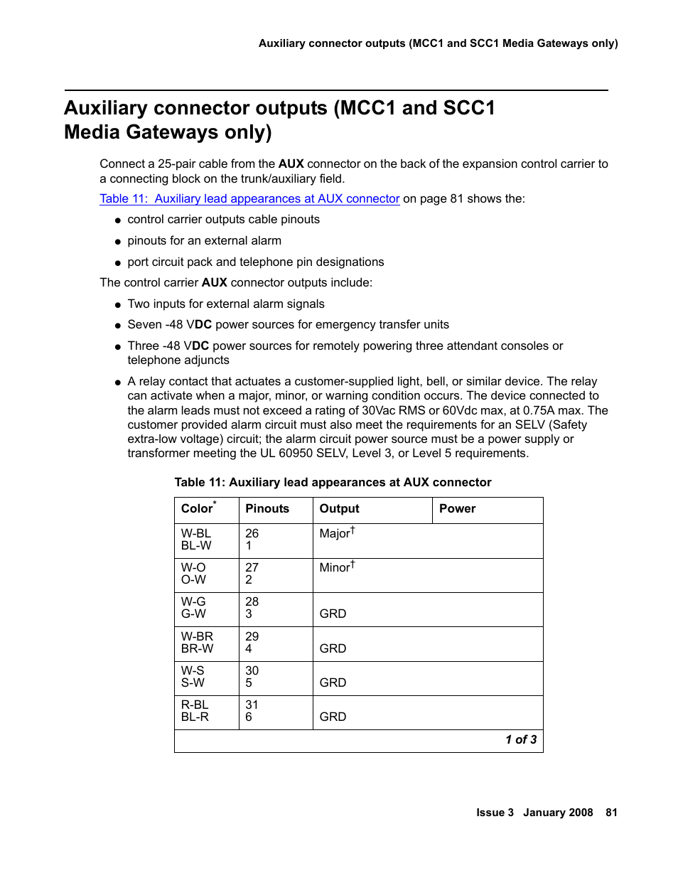 Auxiliary connector outputs (mcc1 and scc1, Media gateways only) | Avaya 03-300686 User Manual | Page 81 / 156