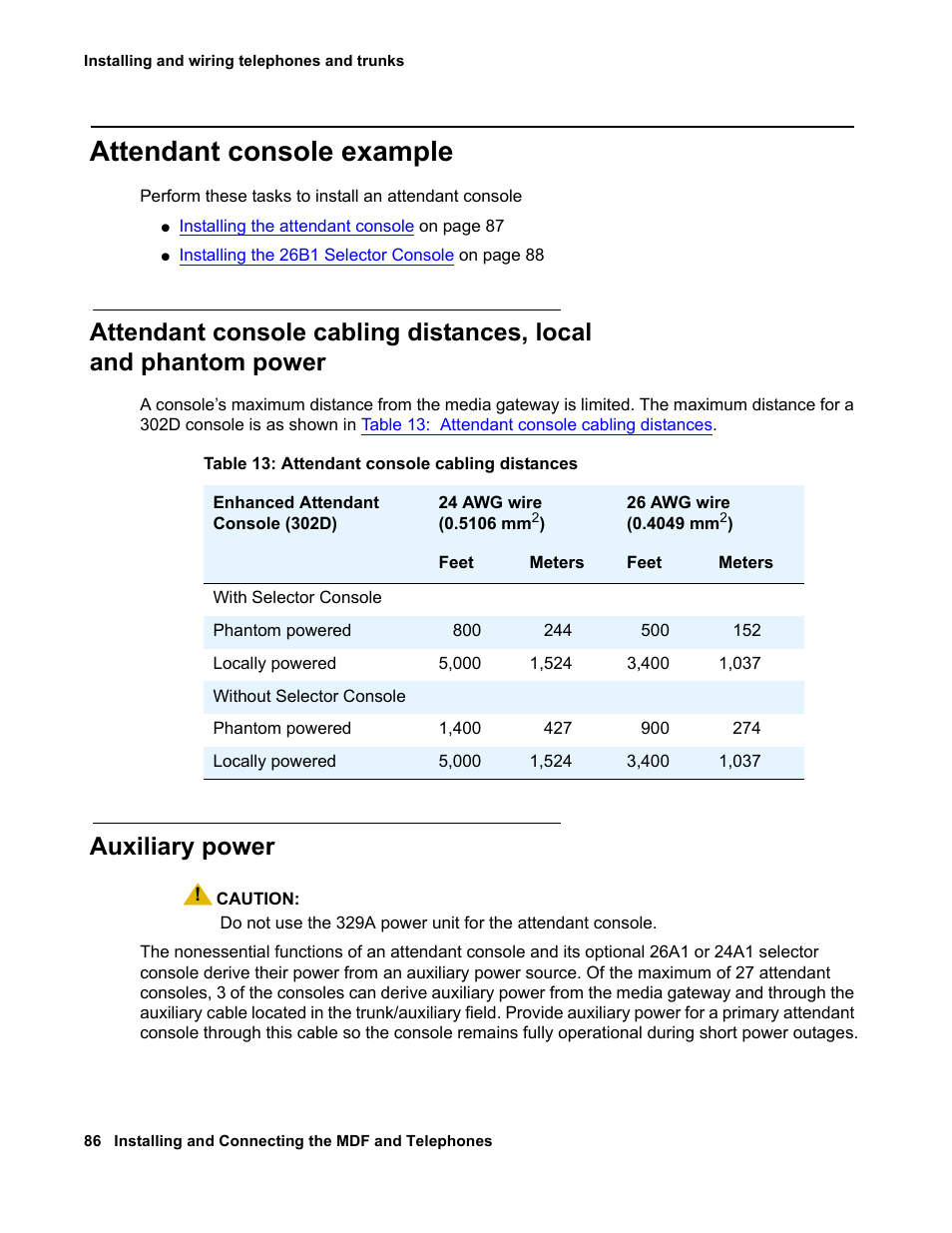 Attendant console example, Auxiliary power, Attendant console cabling distances, local | And phantom power | Avaya 03-300686 User Manual | Page 86 / 156