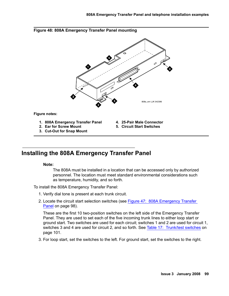 Installing the 808a emergency transfer panel, T. see, Figure 48: 808a emergency transfer panel mounting | Avaya 03-300686 User Manual | Page 99 / 156