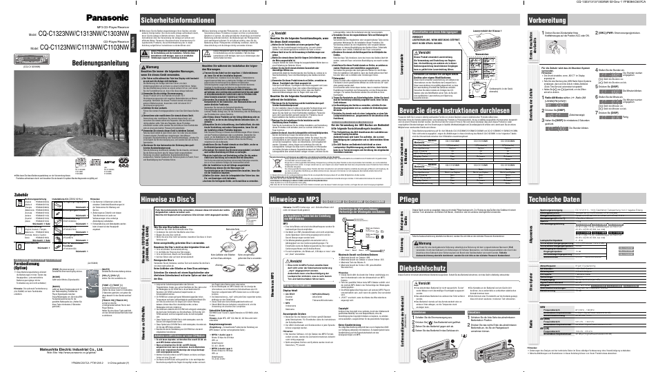 Panasonic CQC1303NW User Manual | 4 pages
