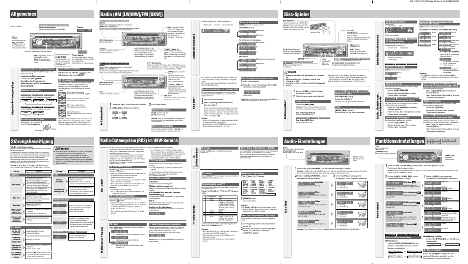 Allgemeines, Störungsbeseitigung, Radio (am [lw/mw]/fm [ukw]) | Audio-einstellungen, Funktionseinstellungen, Warnung, Allgemeine bedienungsvorgänge, Festsender, Anzeige der radioquelle, Af (alternative frequenz) | Panasonic CQC1303NW User Manual | Page 2 / 4