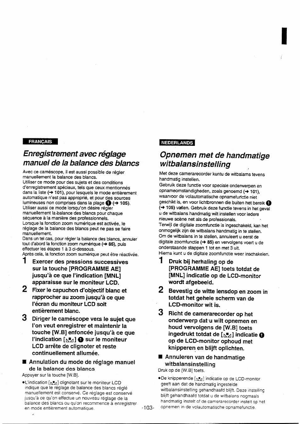 Opnemen met de handmatige witbalansinstelling | Panasonic NVVX30EG User Manual | Page 103 / 164