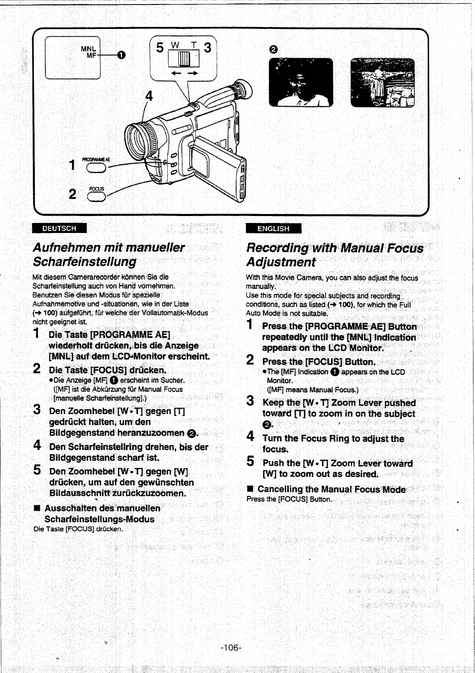 Auf nehmen mit manueiler scharfeinstellung, Recording with manual focus adjustment | Panasonic NVVX30EG User Manual | Page 106 / 164