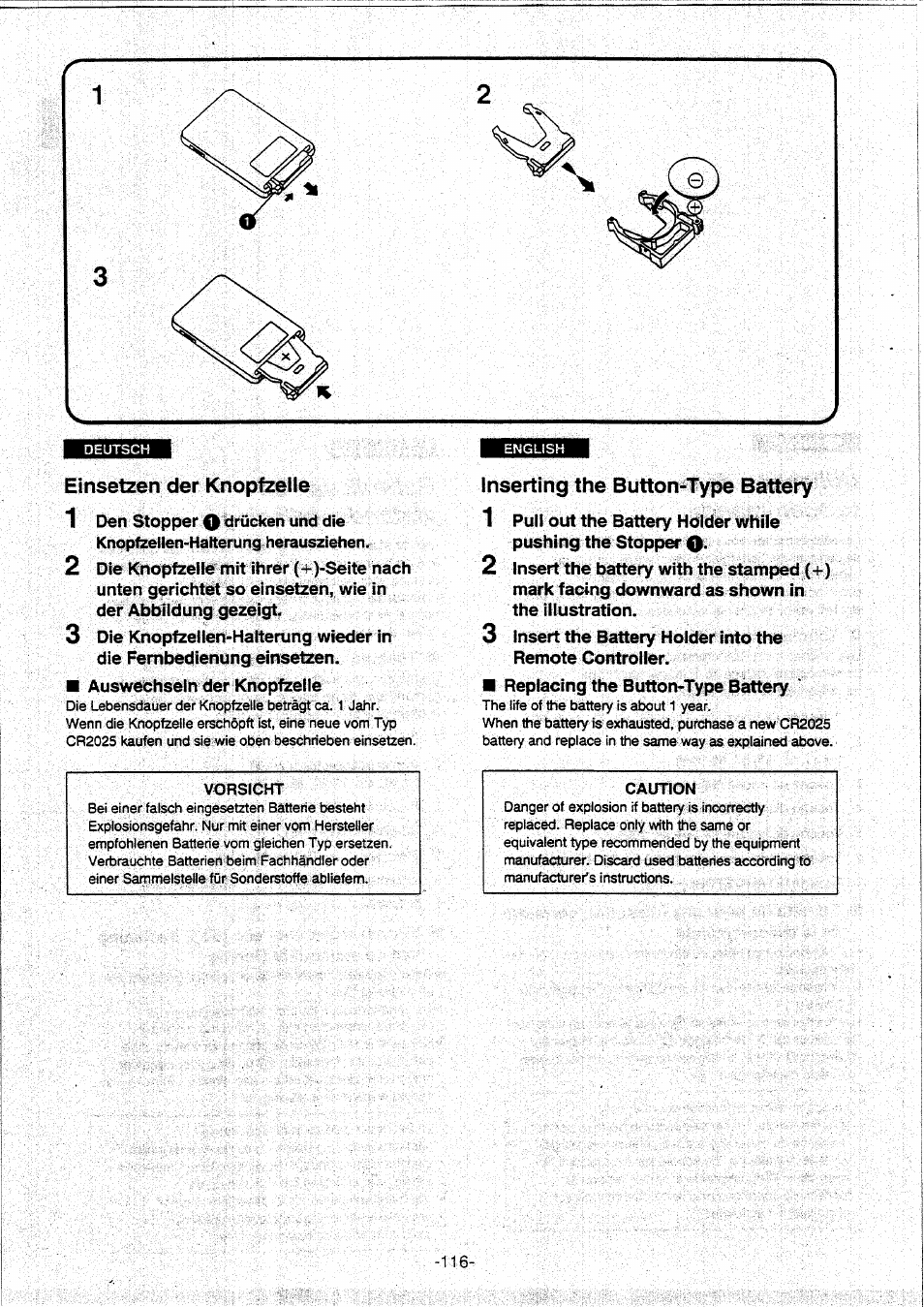 Einsetzen der knopfzelle, Inserting the button-type battery, Vorsicht | Caution | Panasonic NVVX30EG User Manual | Page 116 / 164