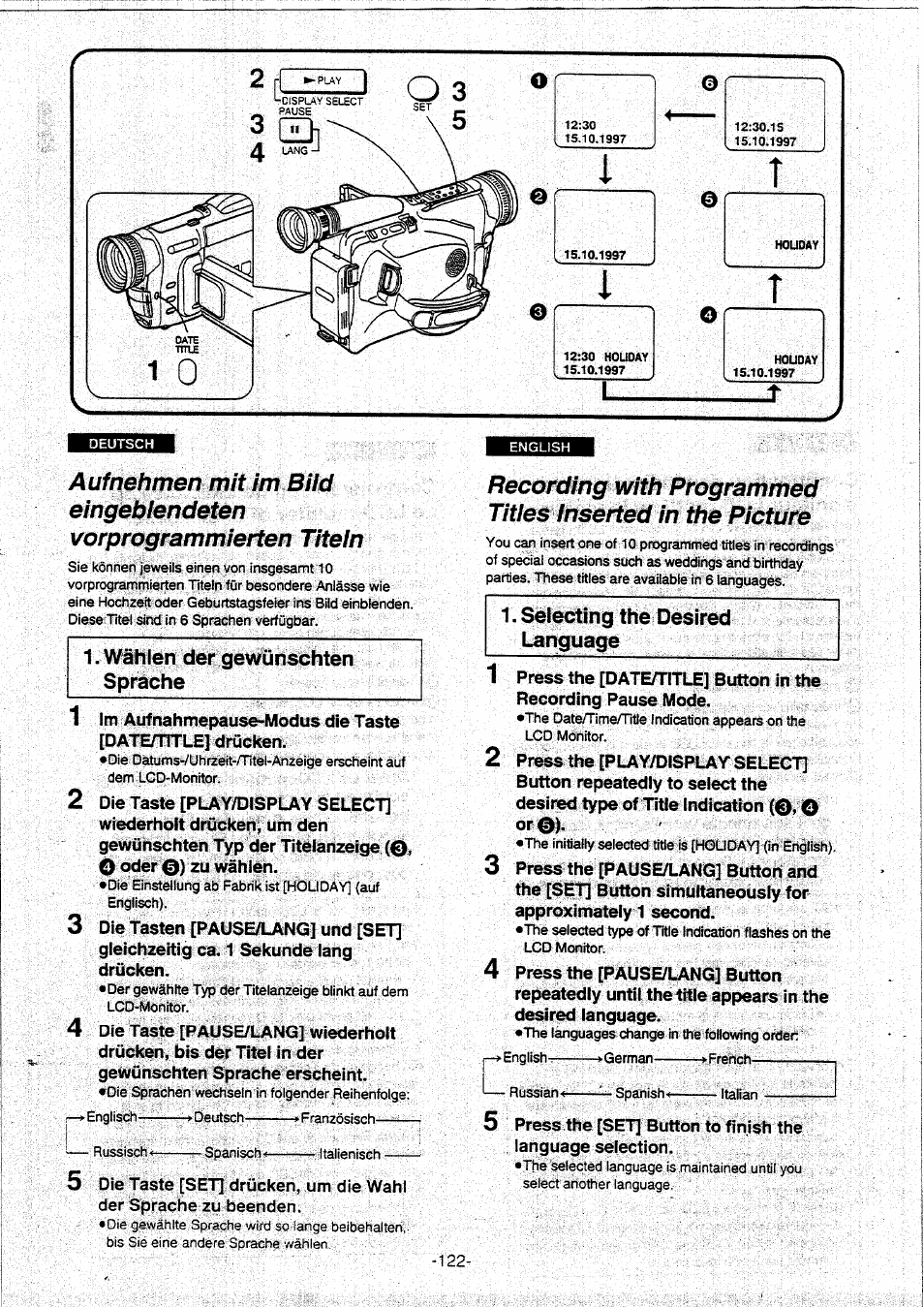 Selecting the desired language | Panasonic NVVX30EG User Manual | Page 122 / 164