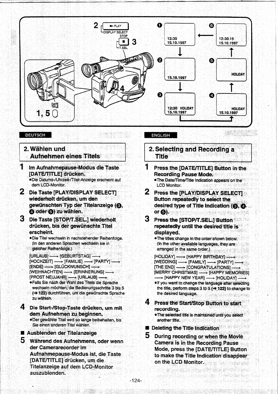 Wählen und aufnehmen eines titels, Dem aufnehmen zu beginnen, Ausbienden der titelanzeige | Panasonic NVVX30EG User Manual | Page 124 / 164