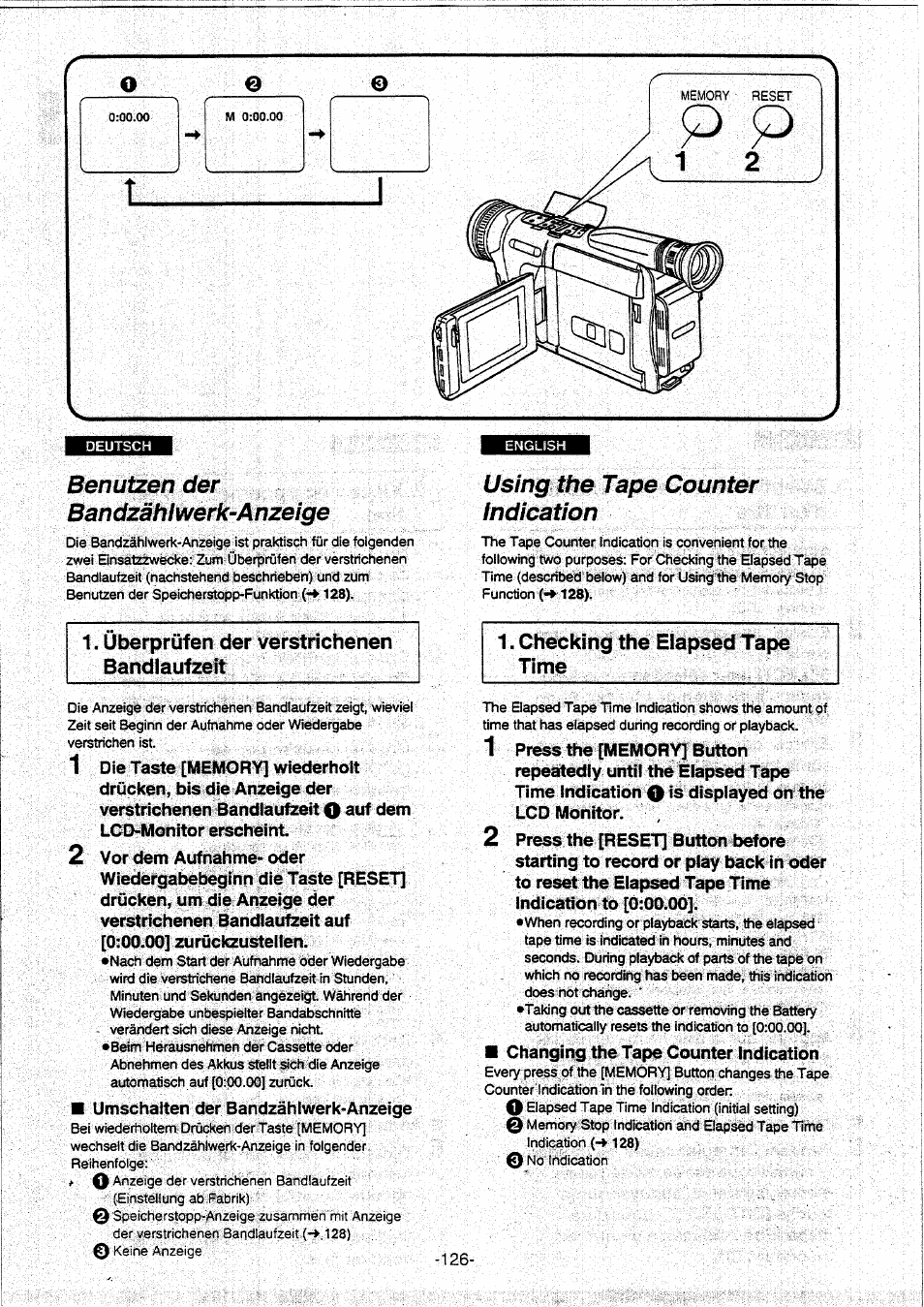 Benutzen der bandzählwerk-anzeige, Using the tape counter indication | Panasonic NVVX30EG User Manual | Page 126 / 164