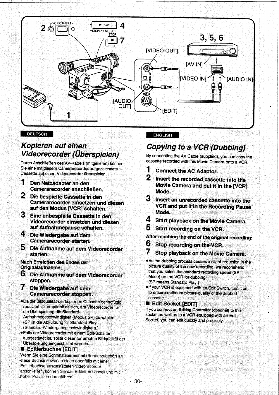 Kopieren auf einen videorecorder (überspielen), Nach erreichen des endes der originaiaufnahme, Editierbuchse [edit | Copying to a vcr (dubbing), After reaching the end of the original recording, Kopieren auf einen videorecorder, Überspielen) | Panasonic NVVX30EG User Manual | Page 130 / 164
