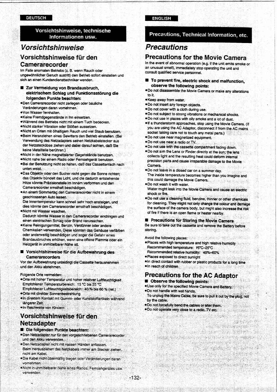 Vorsichtshinweise, Vorsichtshinweise für den camerarecorder, Vorsichtshinweise für den netzadapter | Precautions, Precautions for the movie camera, Precautions for the ac adaptor, Vorsichtshinweise für den camerarecörder | Panasonic NVVX30EG User Manual | Page 132 / 164