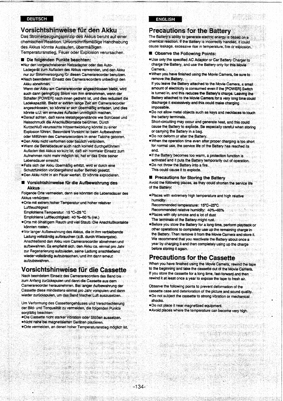 Vorsichtshinweise für den akku, Vorsichtshinweise für die aufbewahrung des akkus, Vorsichtshinweise für die cassette | Precautions for the battery, Precautions for the cassette | Panasonic NVVX30EG User Manual | Page 134 / 164