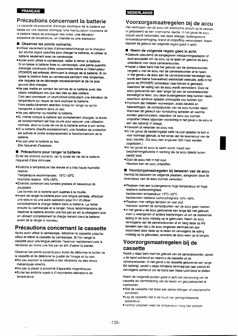 Précautions concernant la batterie, Précautions concernant la cassette, Voorzorgsmaatregelen bij de accu | Voorzorgsmaatregelen bij de cassette, Précautions-concemant ia cassette | Panasonic NVVX30EG User Manual | Page 135 / 164