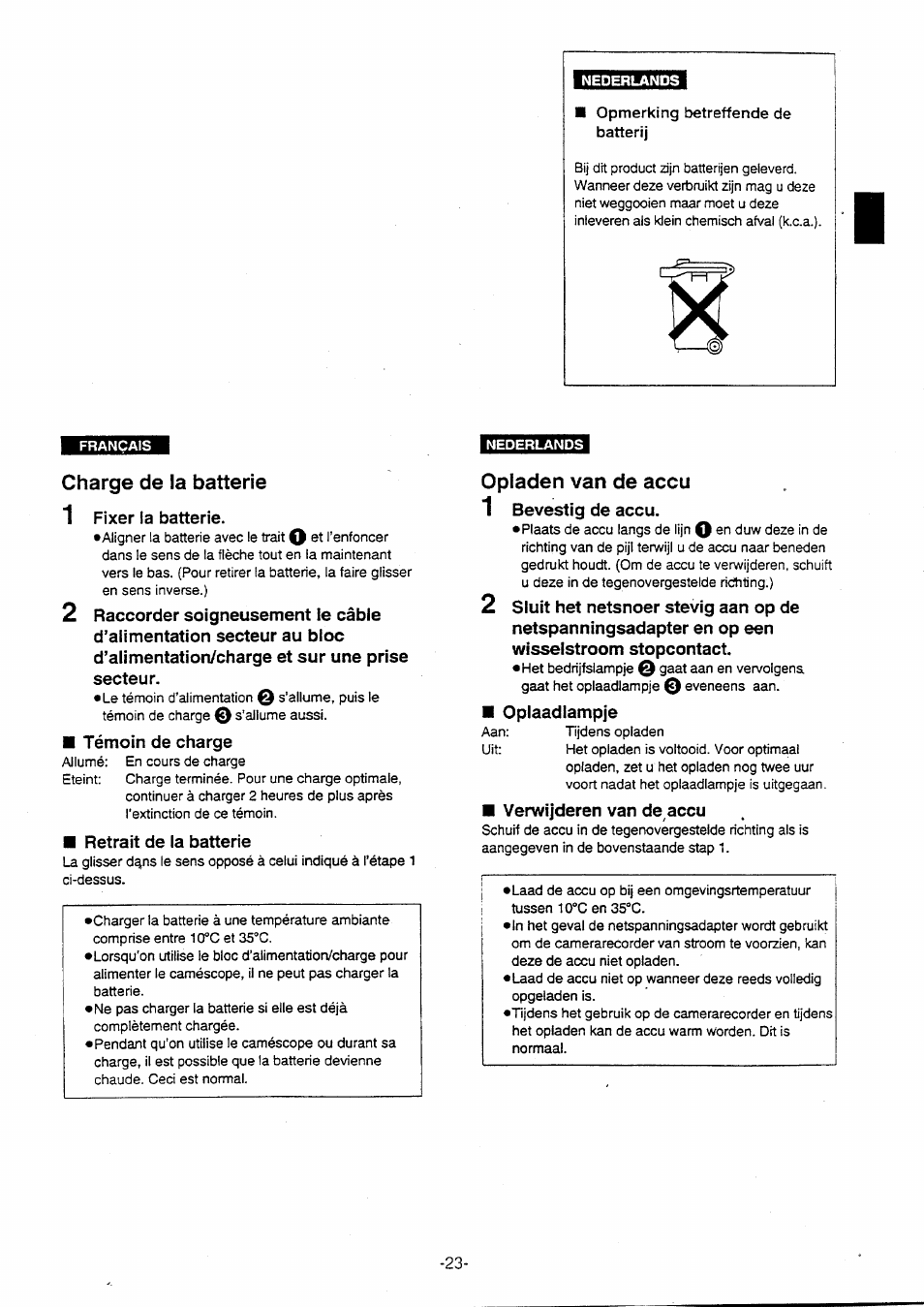 Opmerking betreffende de batterij, Charge de la batterie, Opladen van de accu | Panasonic NVVX30EG User Manual | Page 23 / 164