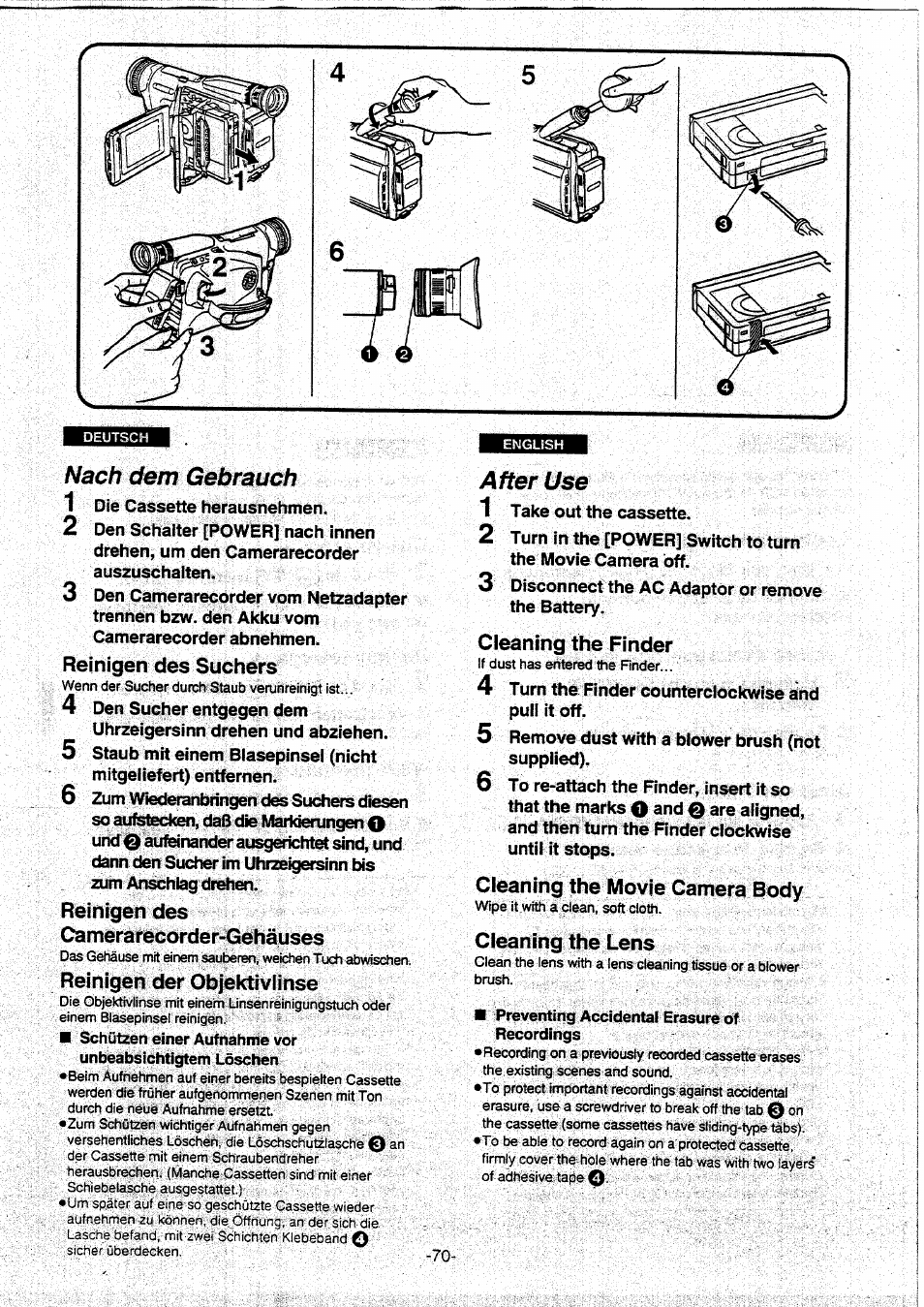 Nach dem gebrauch, Reinigen des suchers, Reinigen des | Camerarecorder-gehäuses, Reinigen der objektivlinse, After use, Cleaning the finder, Cleaning the movie camera body, Cleaning the lens, Reinigen des camerarecorder-gehäuses | Panasonic NVVX30EG User Manual | Page 70 / 164