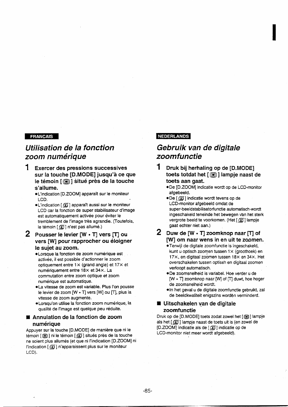 Utilisation de la fonction zoom numérique, Gebruik van de digitale zoomfunctie | Panasonic NVVX30EG User Manual | Page 85 / 164
