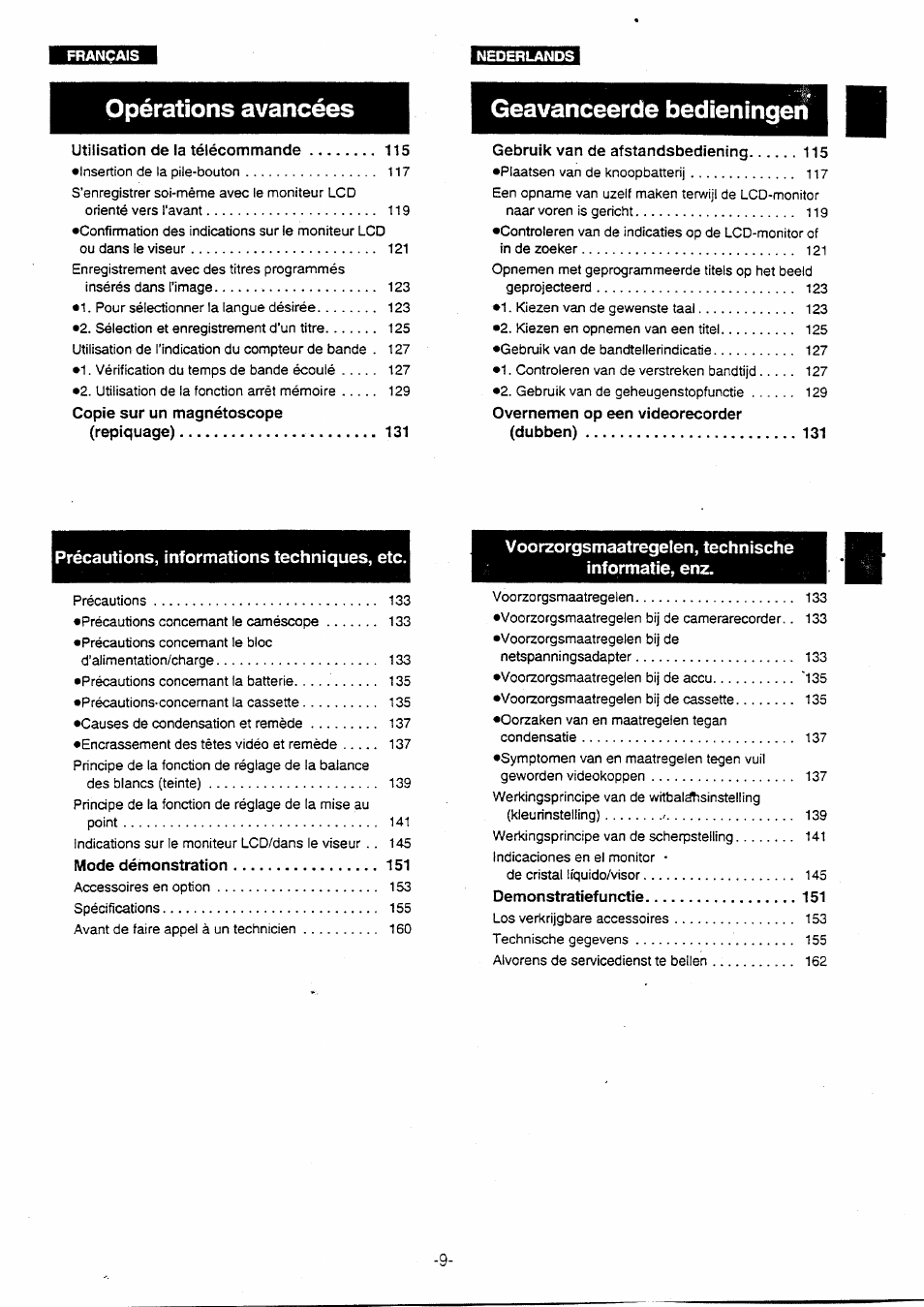Opérations avancées, Geavanceerde bedieningeii, Précautions, informations techniques, etc | Voorzorgsmaatregelen, technische informatie, enz | Panasonic NVVX30EG User Manual | Page 9 / 164