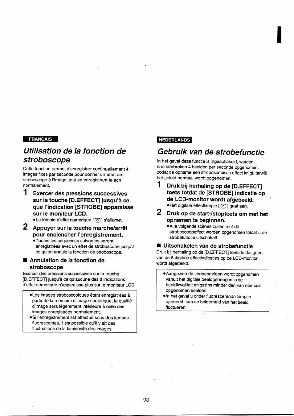 Utilisation de la fonction de stroboscope, Gebruik van de strobefunctie, Utilisation de la fonction de volet | Gebruik van de wipefunctie | Panasonic NVVX30EG User Manual | Page 93 / 164