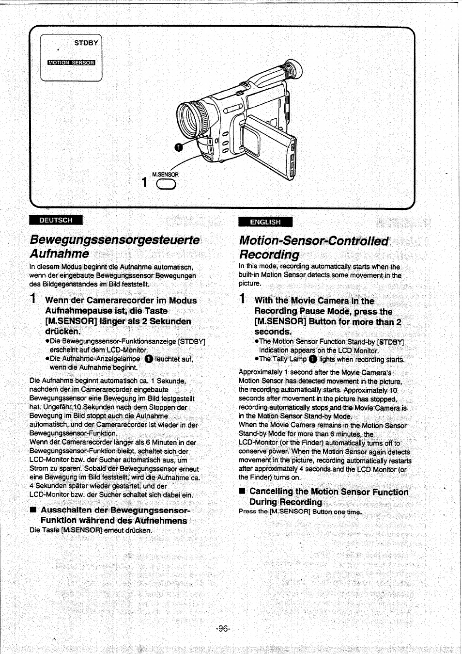Bewegungssensorgesteuerte, Aufnahme, Motion-sensor-controued | Recording, Bewegungssensorgesteuerte aufnahme, Aufnehmen, Motion-sensor-controued recording | Panasonic NVVX30EG User Manual | Page 96 / 164