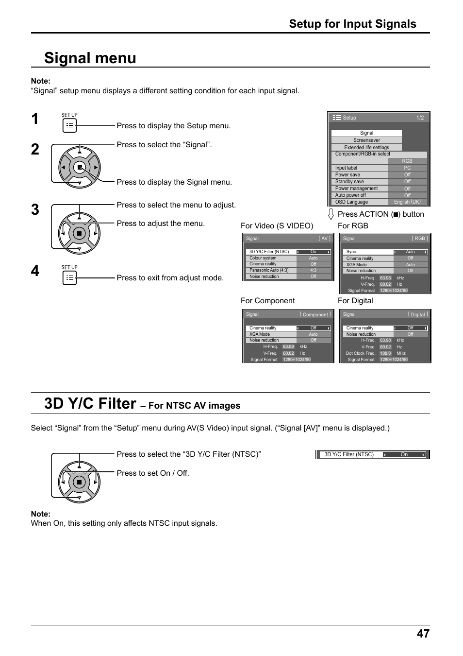 3d y/c filter, Signal menu, Setup for input signals | For ntsc av images | Panasonic TH65PF12EK User Manual | Page 47 / 64