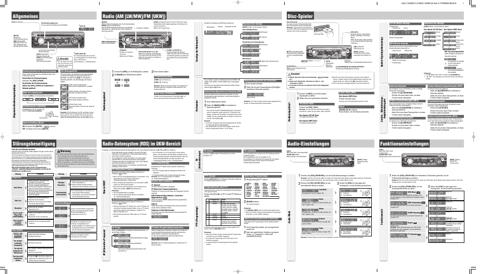 Allgemeines, Störungsbeseitigung, Radio (am [lw/mw]/fm [ukw]) | Audio-einstellungen, Funktionseinstellungen, Warnung, Allgemeine bedienungsvorgänge, Festsender, Anzeige der radioquelle, Pty (programmtyp) w as ist rds | Panasonic CQC1415N User Manual | Page 2 / 4