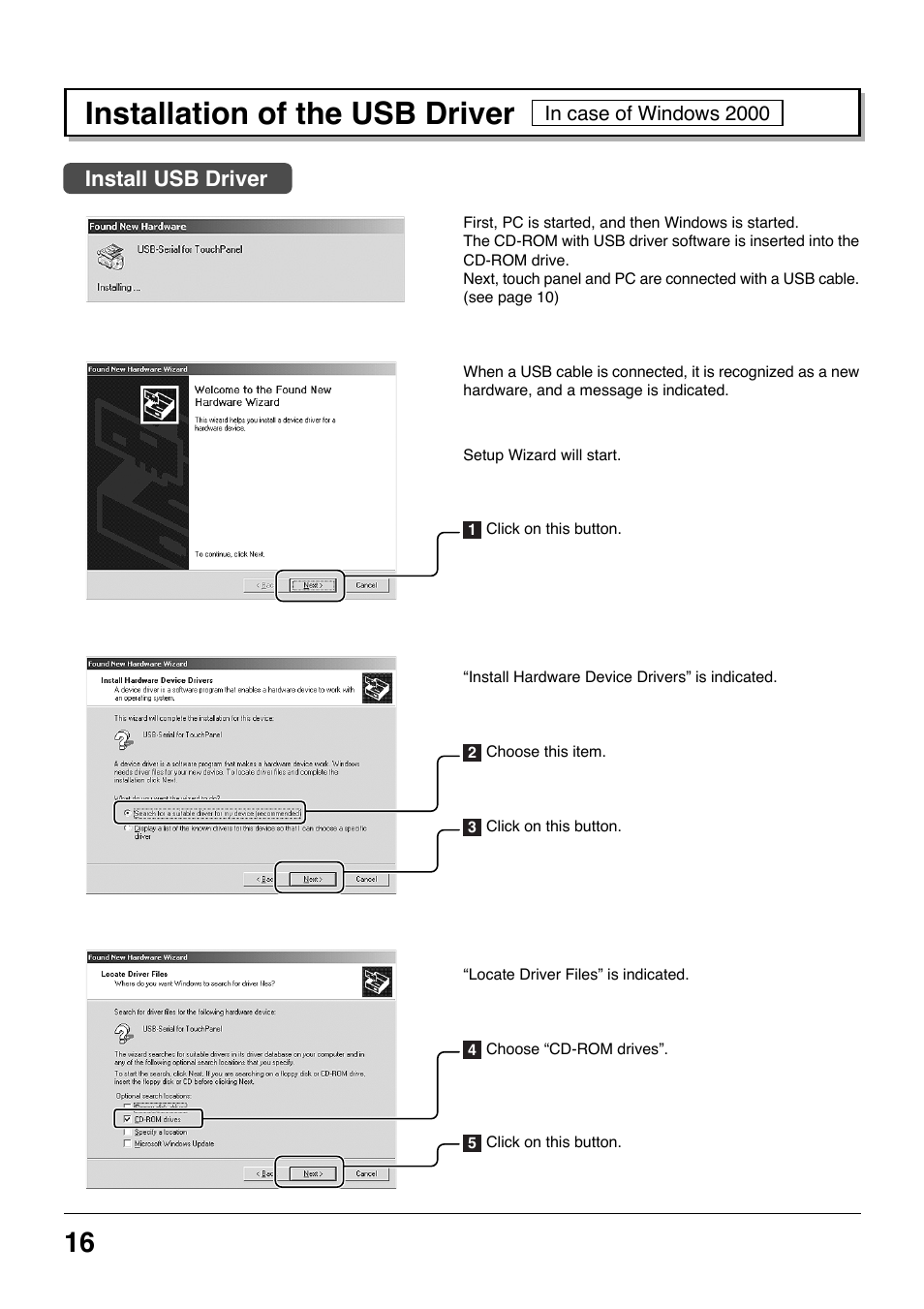 Installation of the usb driver, Install usb driver | Panasonic TYTP42P8S User Manual | Page 16 / 36