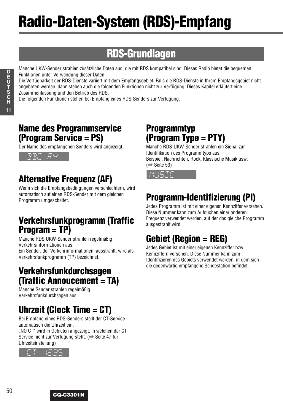 Radio-daten-system (rds)-empfang, Rds-grundlagen, Name des programmservice (program service = ps) | Alternative frequenz (af), Verkehrsfunkprogramm (traffic program = tp), Verkehrsfunkdurchsagen (traffic annoucement = ta), Uhrzeit (clock time = ct), Programmtyp (program type = pty), Programm-identifizierung (pi), Gebiet (region = reg) | Panasonic CQC3301N User Manual | Page 12 / 42