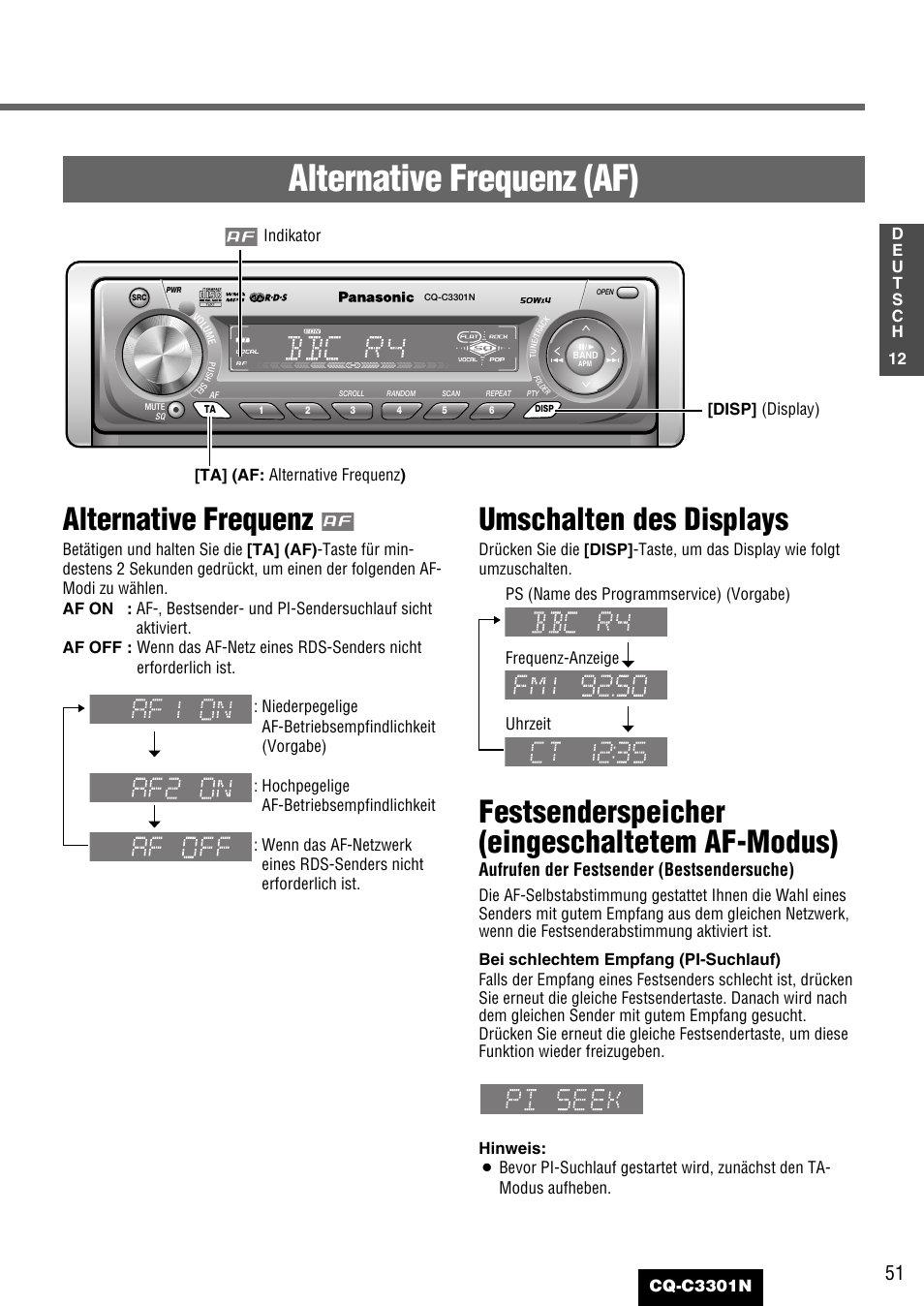 Alternative frequenz (af), Alternative frequenz, Umschalten des displays | Festsenderspeicher (eingeschaltetem af-modus), Aufrufen der festsender (bestsendersuche), Betätigen und halten sie die [ta] (af), Uhrzeit | Panasonic CQC3301N User Manual | Page 13 / 42