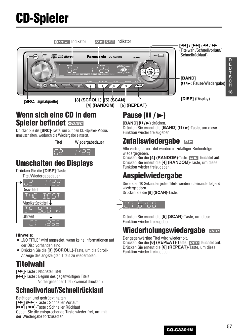 Cd-spieler, Wenn sich eine cd in dem spieler befindet, Umschalten des displays | Titelwahl, Schnellvorlauf/schnellrücklauf, Pause ( y / 5 ), Zufallswiedergabe, Anspielwiedergabe, Wiederholungswiedergabe | Panasonic CQC3301N User Manual | Page 19 / 42