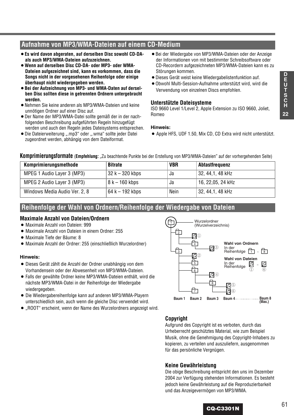 Aufnahme von mp3/wma-dateien auf einem cd-medium, Komprimierungsformate | Panasonic CQC3301N User Manual | Page 23 / 42