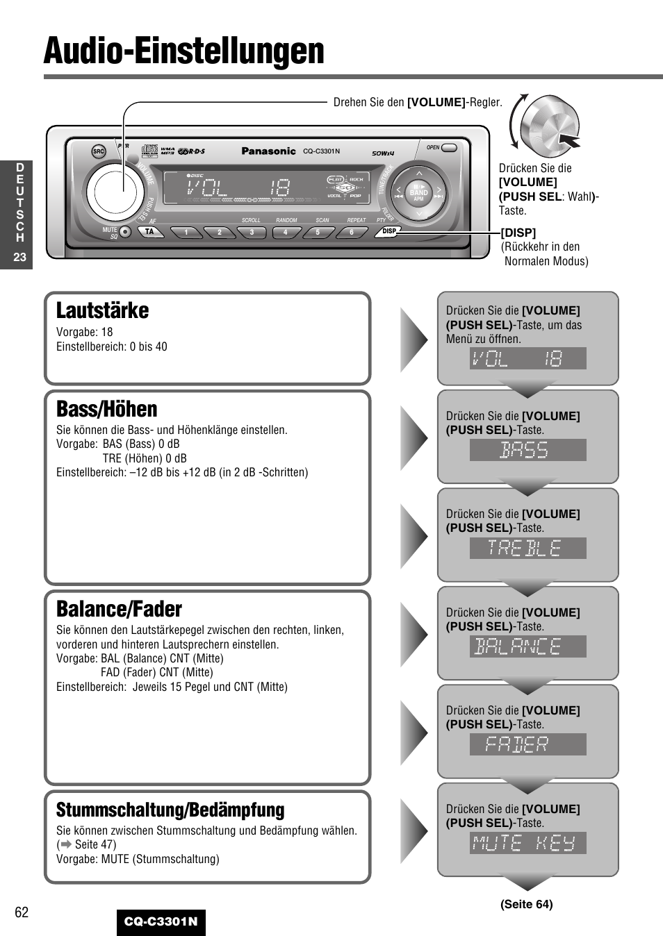 Audio-einstellungen, Lautstärke, Bass/höhen | Balance/fader, Stummschaltung/bedämpfung | Panasonic CQC3301N User Manual | Page 24 / 42