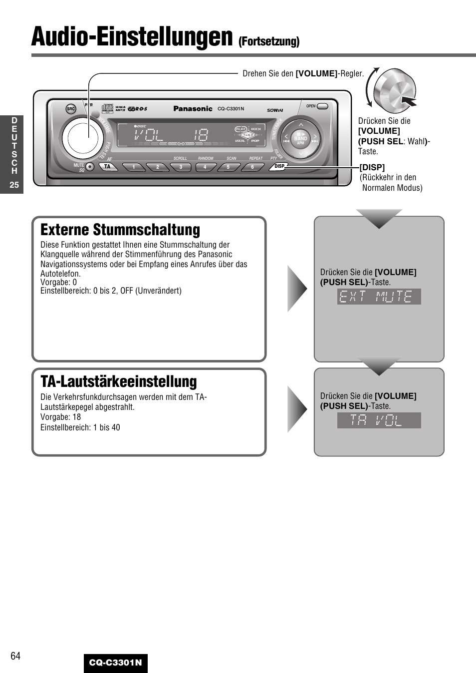Audio-einstellungen, Ta-lautstärkeeinstellung, Externe stummschaltung | Fortsetzung) | Panasonic CQC3301N User Manual | Page 26 / 42