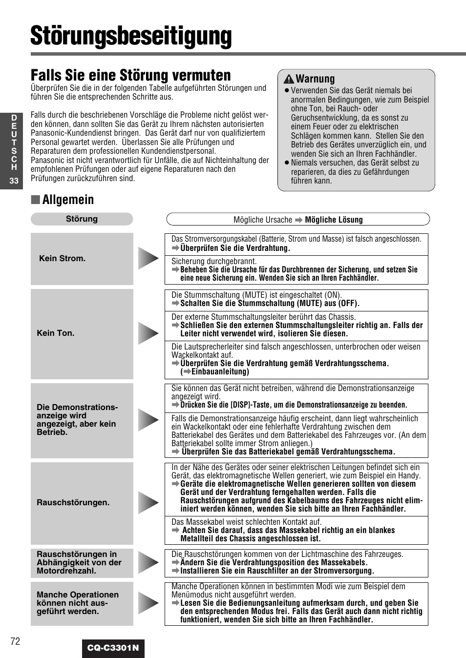 Störungsbeseitigung, Falls sie eine störung vermuten, Allgemein | Warnung | Panasonic CQC3301N User Manual | Page 34 / 42