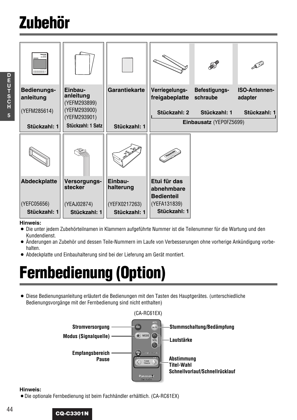 Zubehör, Fernbedienung (option) | Panasonic CQC3301N User Manual | Page 6 / 42