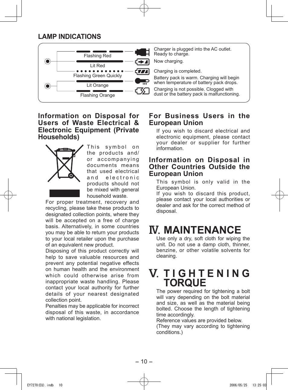 Maintenance, For business users in the european union, Lamp indications | Panasonic EY7270 User Manual | Page 10 / 120