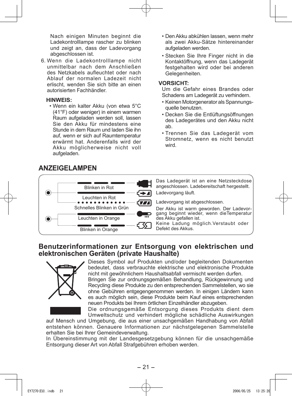 Anzeigelampen | Panasonic EY7270 User Manual | Page 21 / 120