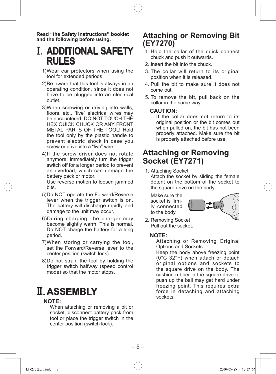 Additional safety rules, Assembly, Attaching or removing bit (ey7270) | Attaching or removing socket (ey7271) | Panasonic EY7270 User Manual | Page 5 / 120