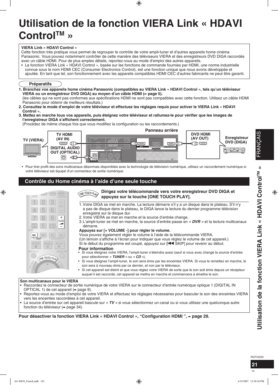 Français, Préparatifs panneau arrière, Pour information | Page 29, Page 34) | Panasonic SAXR59 User Manual | Page 101 / 120