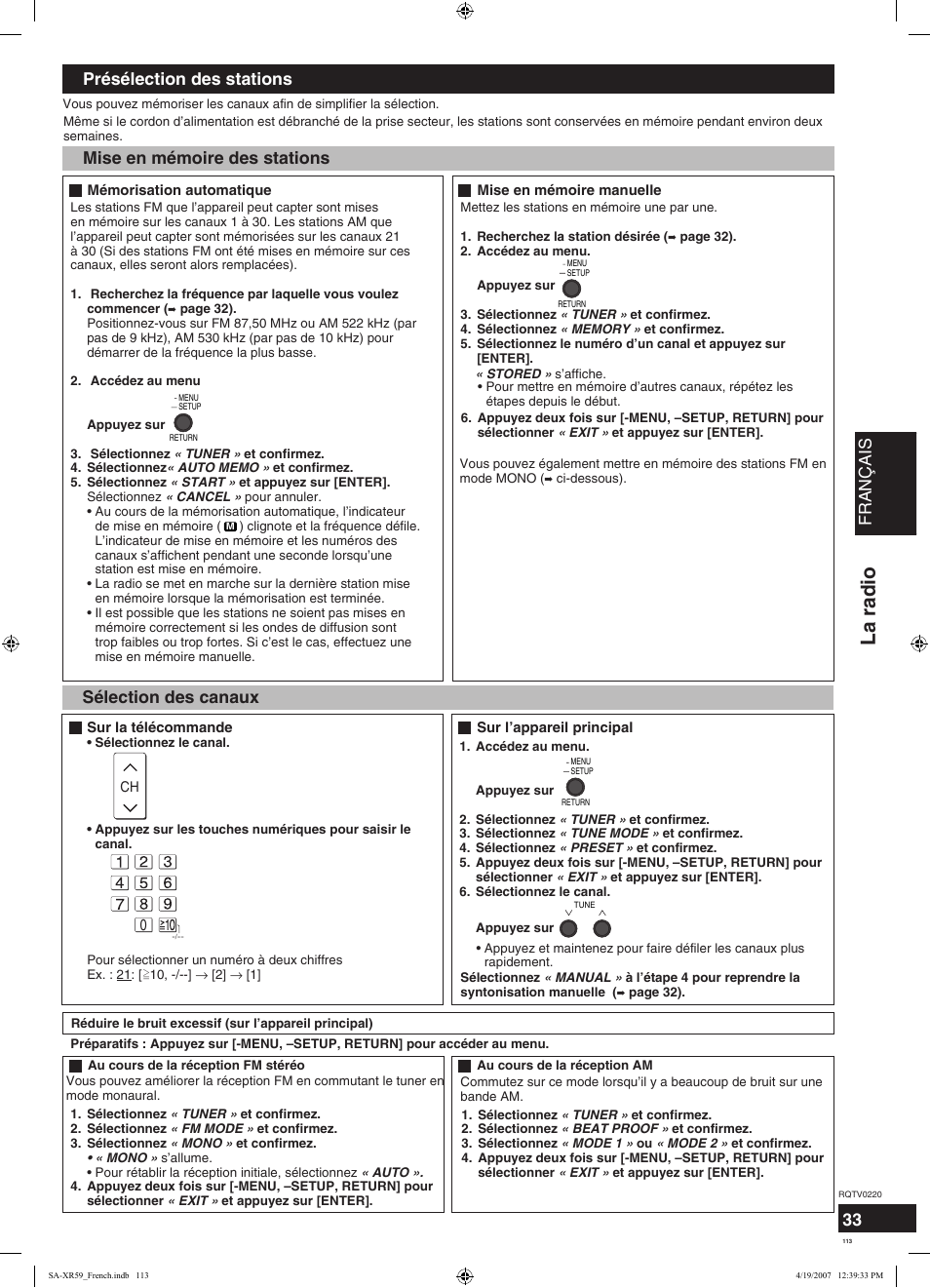 La radio, Français, Sélection des canaux | Panasonic SAXR59 User Manual | Page 113 / 120