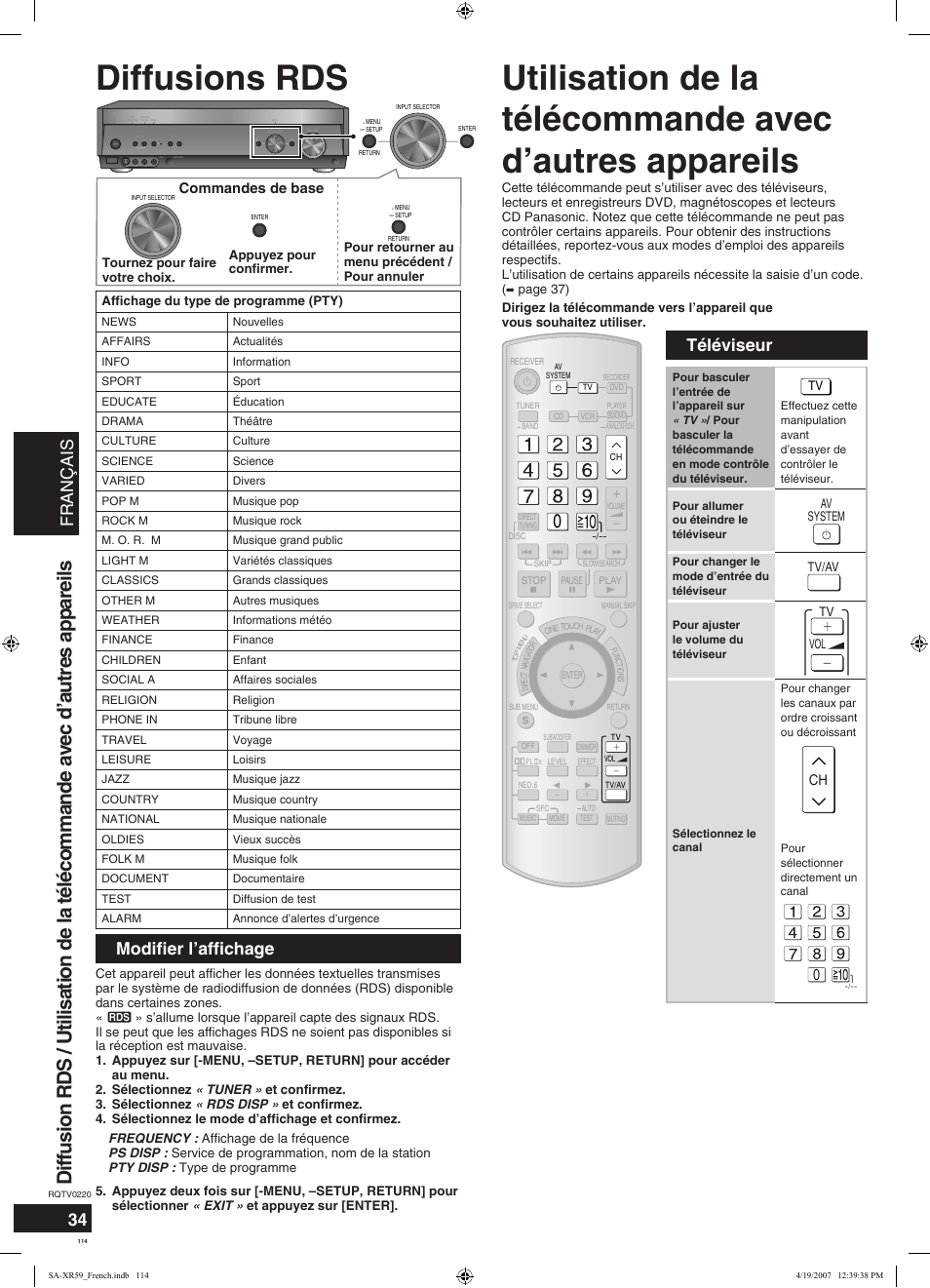 Diffusions rds, Français, Modifier l’affichage | Téléviseur | Panasonic SAXR59 User Manual | Page 114 / 120