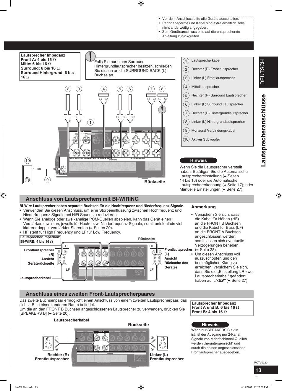 Lautsprecheranschlüsse, Deutsch, Anschluss der lautsprecher | Anschluss von lautsprechern mit bi-wiring, Anschluss eines zweiten front-lautsprecherpaares, Hinweis, Rückseite, Anmerkung, Seite 17); oder manuelle einstellungen, Seite 27) | Panasonic SAXR59 User Manual | Page 13 / 120