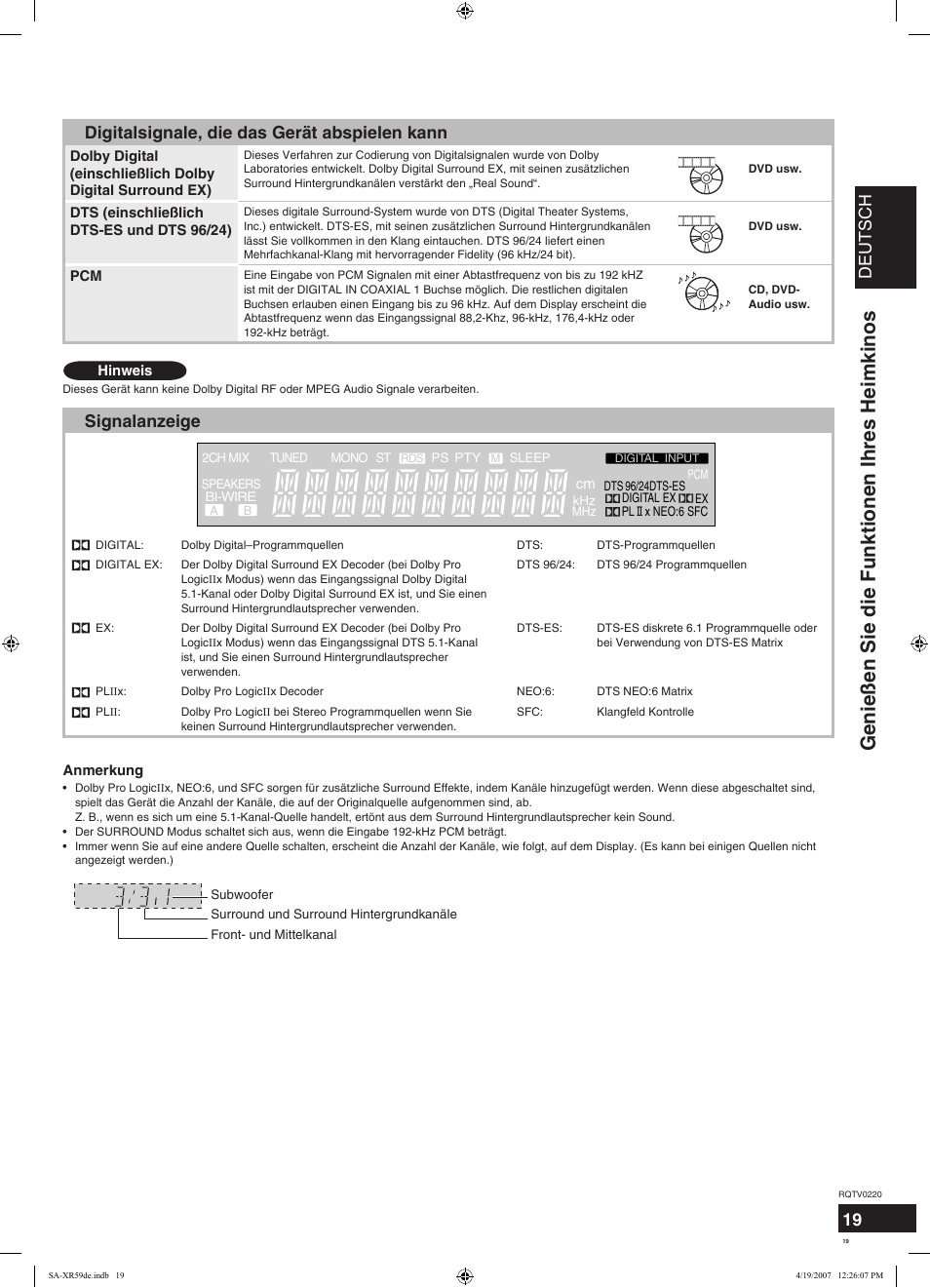 Genießen sie die funktionen ihres heimkinos, Deutsch, Digitalsignale, die das gerät abspielen kann | Signalanzeige | Panasonic SAXR59 User Manual | Page 19 / 120