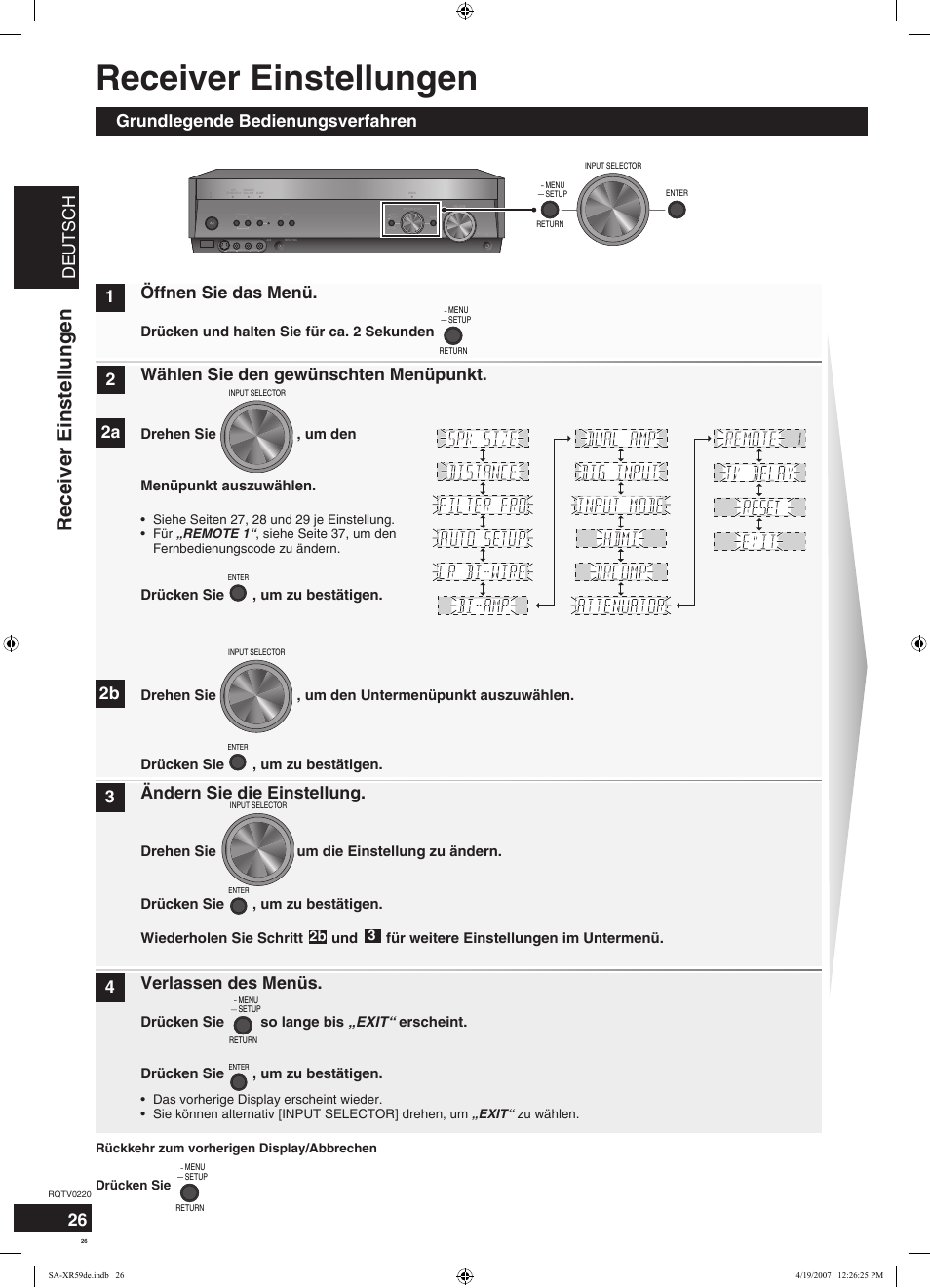 Receiver einstellungen, Deutsch, Wählen sie den gewünschten menüpunkt | Ändern sie die einstellung, Verlassen des menüs, Drücken und halten sie für ca. 2 sekunden, Drehen sie , um den menüpunkt auszuwählen | Panasonic SAXR59 User Manual | Page 26 / 120