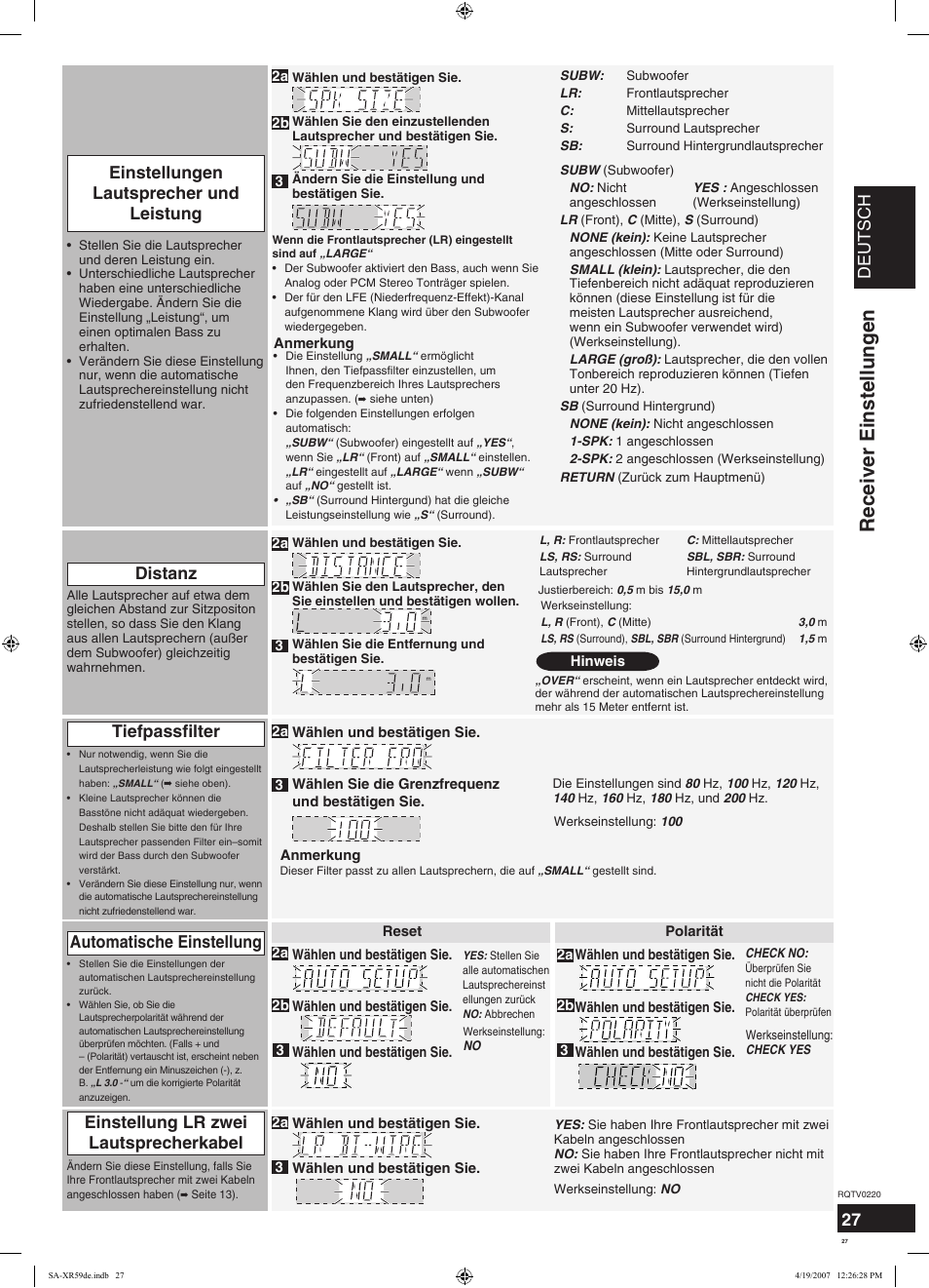 Receiver einstellungen, Deutsch, Einstellungen lautsprecher und leistung distanz | Tiefpassfilter, Automatische einstellung, Einstellung lr zwei lautsprecherkabel | Panasonic SAXR59 User Manual | Page 27 / 120