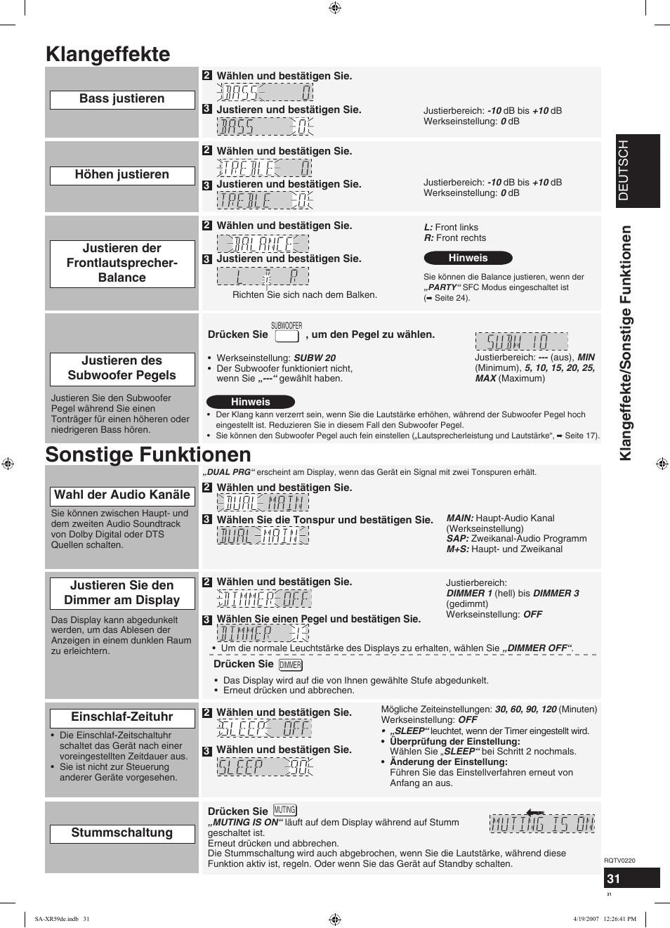 Sonstige funktionen klangeffekte, Klangeffekte/sonstige funktionen | Panasonic SAXR59 User Manual | Page 31 / 120