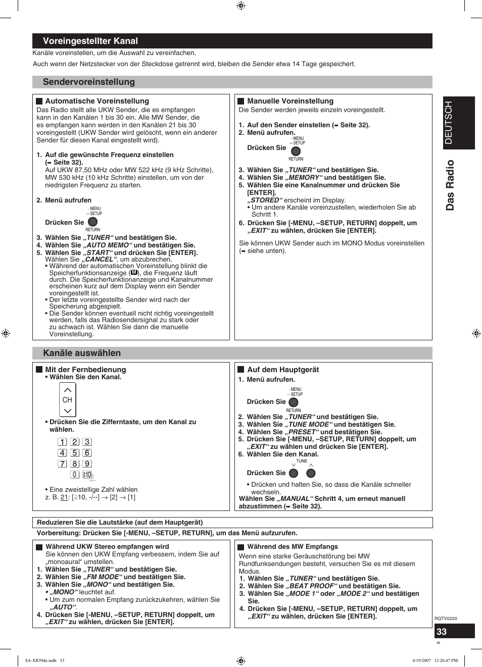 Das radio, Deutsch, Voreingestellter kanal sendervoreinstellung | Kanäle auswählen | Panasonic SAXR59 User Manual | Page 33 / 120