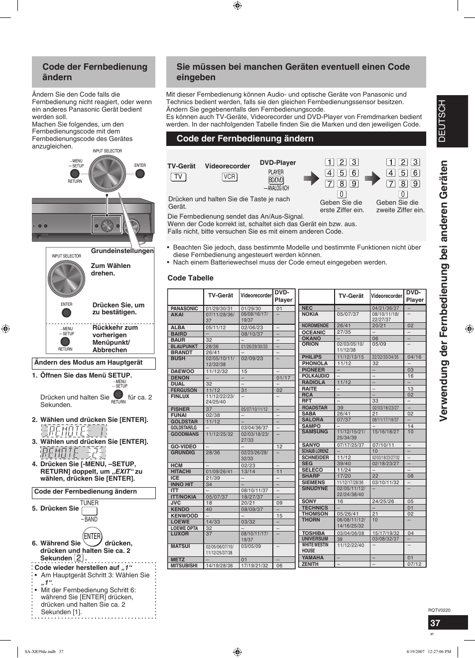 Verwendung der fernbedienung bei anderen geräten, Deutsch, Code der fernbedienung ändern | Enter, Code tabelle | Panasonic SAXR59 User Manual | Page 37 / 120
