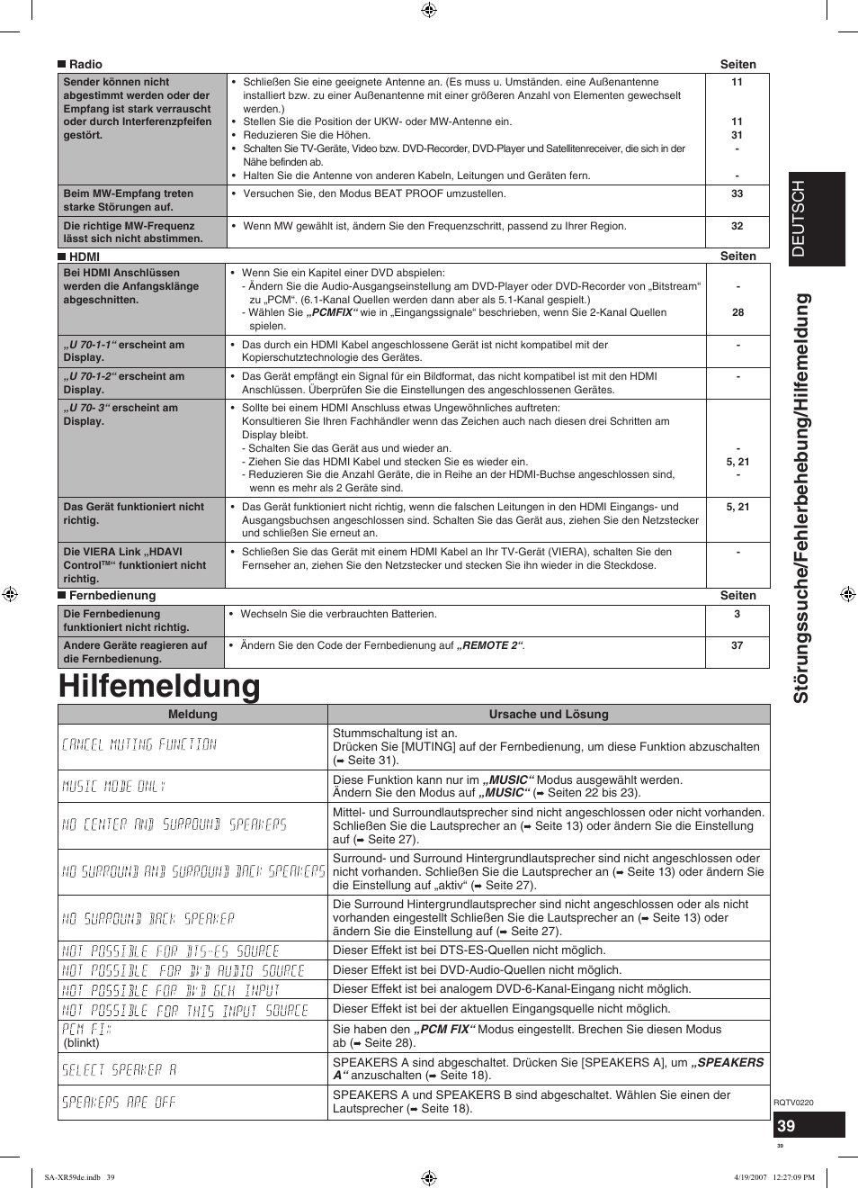Hilfemeldung, Störungssuche/fehlerbehebung/hilfemeldung, Deutsch | Panasonic SAXR59 User Manual | Page 39 / 120