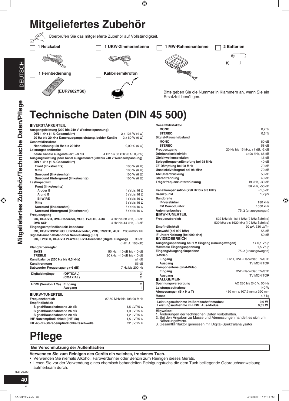 Mitgeliefertes zubehör, Pflege, Mitgeliefertes zubehör/technische daten/pflege | Deutsch | Panasonic SAXR59 User Manual | Page 40 / 120