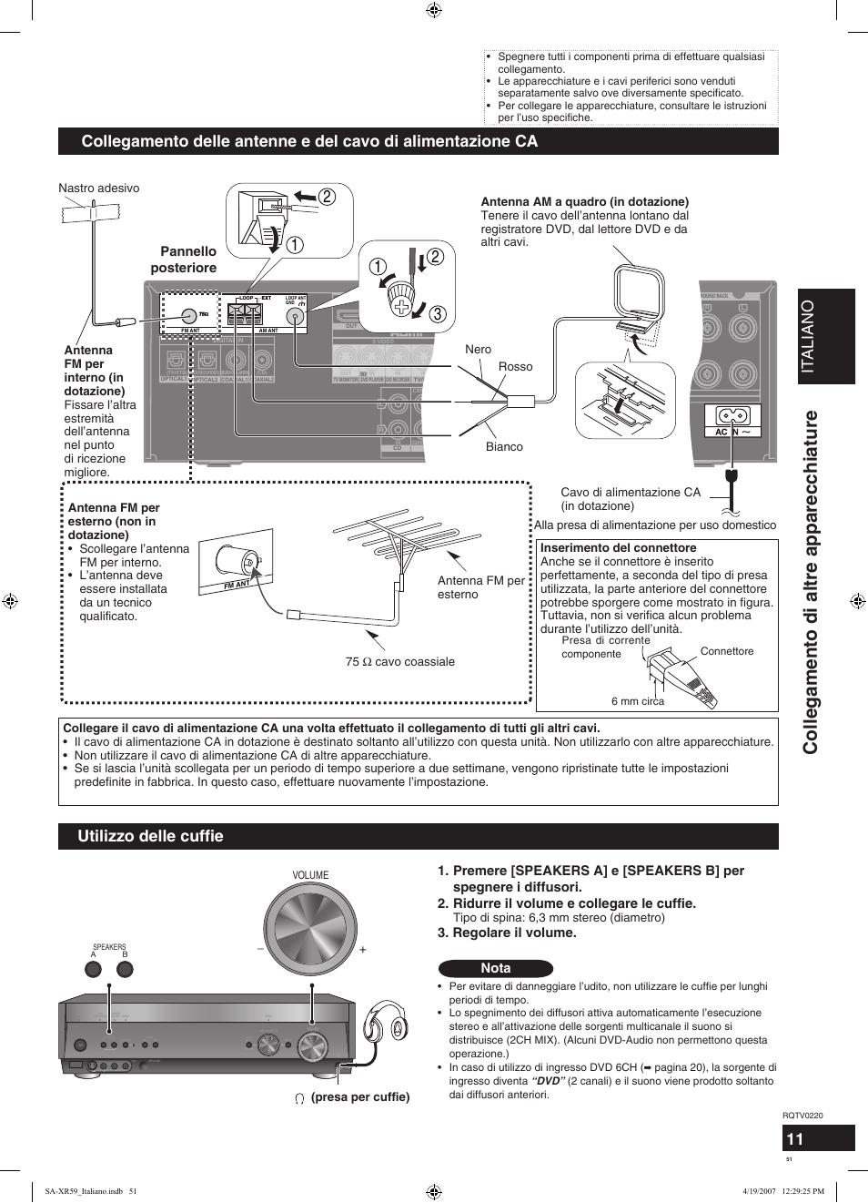 Collegamento di altre apparecchiature, Italiano, Utilizzo delle cuffie | Pannello posteriore, Regolare il volume. 1. 2, Nota, Video out (l) lettore cd video out, Tipo di spina: 6,3 mm stereo (diametro) | Panasonic SAXR59 User Manual | Page 51 / 120