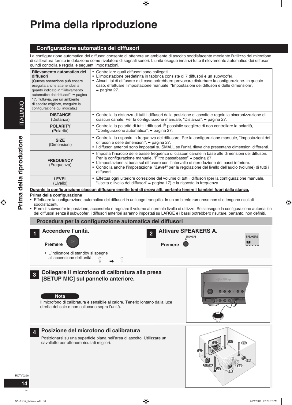 Prima della riproduzione, Italiano, Configurazione automatica dei diffusori | 1accendere l’unità, 2attivare speakers a | Panasonic SAXR59 User Manual | Page 54 / 120